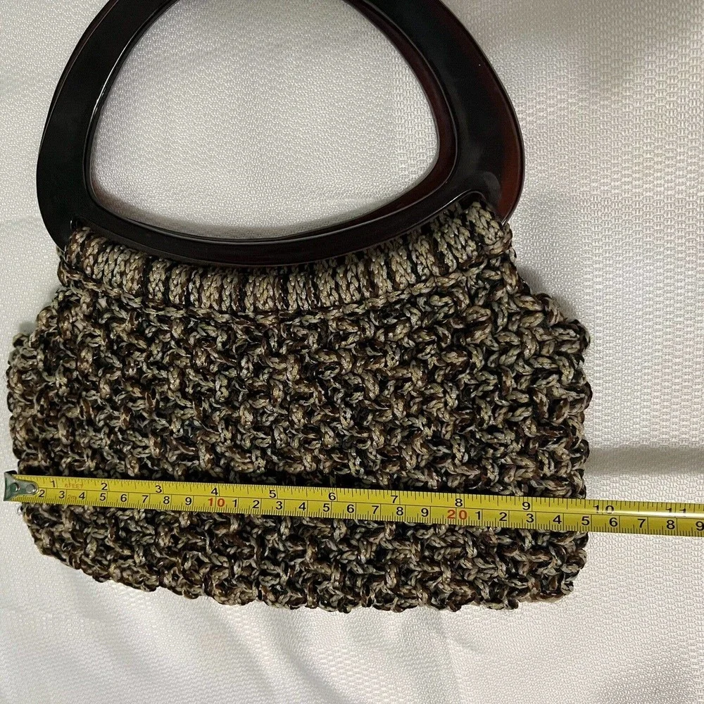 Vintage 60’s-70’s BOHO Brown Beige Macrame Handbag Purse Lucite Top Handles
